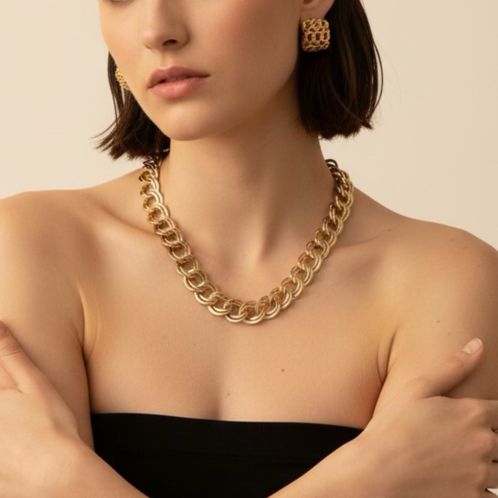 Gold Tone Large Link Necklace and Clip Earrings Set